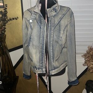 Fashion Nova Light Blue Washed Denim Jacket with Stand Collar